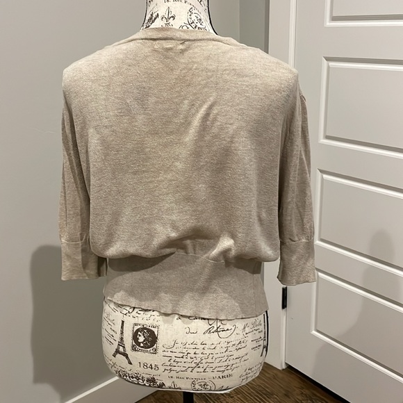 Ambiance plus size 2X light tan cardigan. Deep V 6 button with elbow sleeve. - Picture 4 of 6